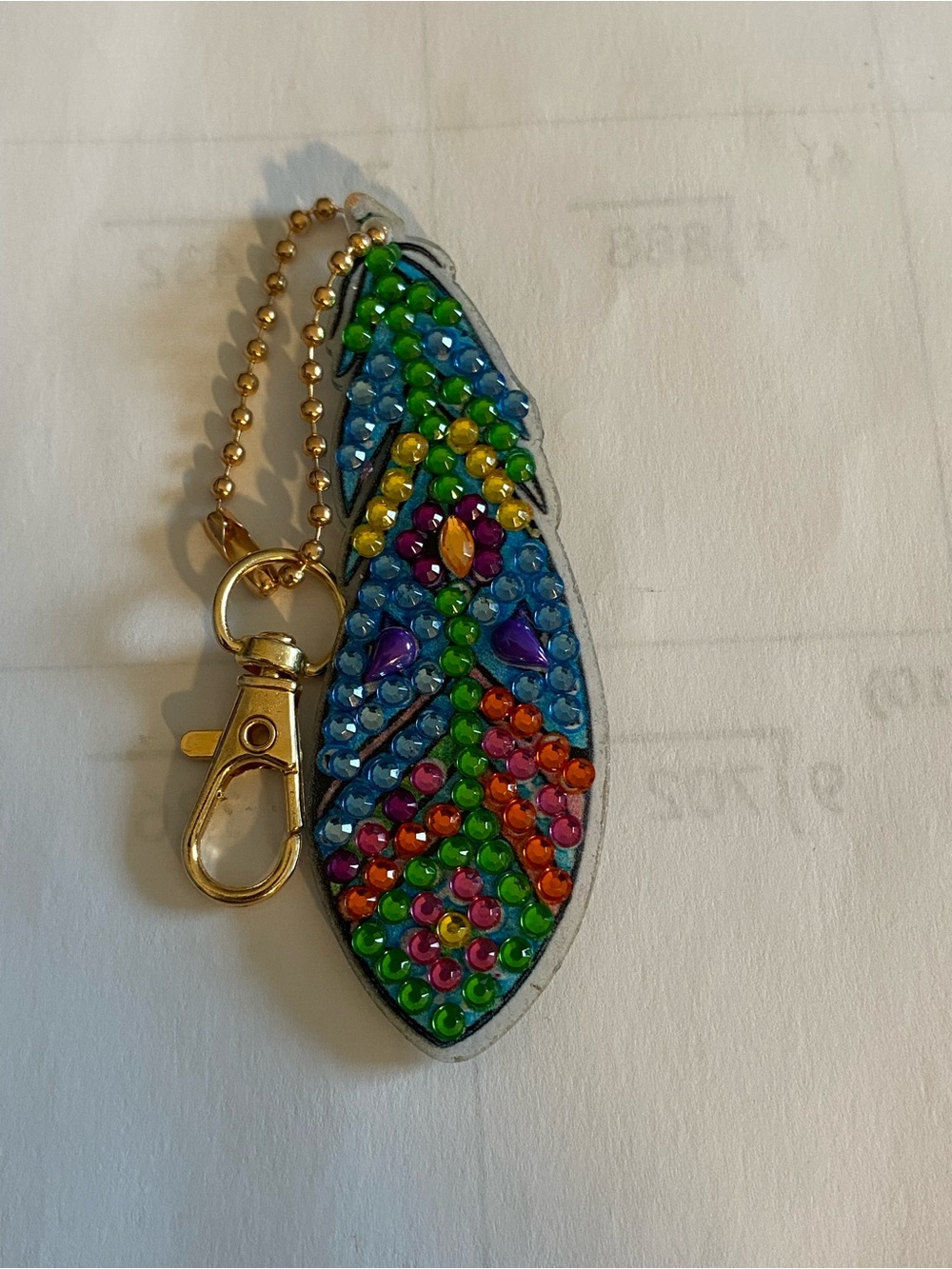 Handmade double sided diamond art feather keychain